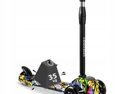 Trotineta de echilibru pentru copii, cu 3 roti, lumini LED, pliabila, ghidon reglabil, pana la 35 kg, Ricokids, Piko, Negru cu modele colorate, 765011 - Img 4