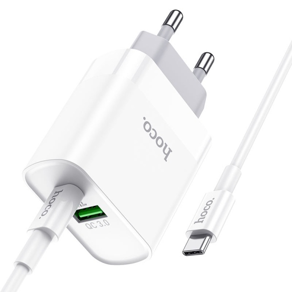 Incarcator Retea + Cablu Lightning, Hoco C80A, 20W, 5V, 3.1A, 1xUSB-C, 1xUSB-A, PD, QC 3.0, alb