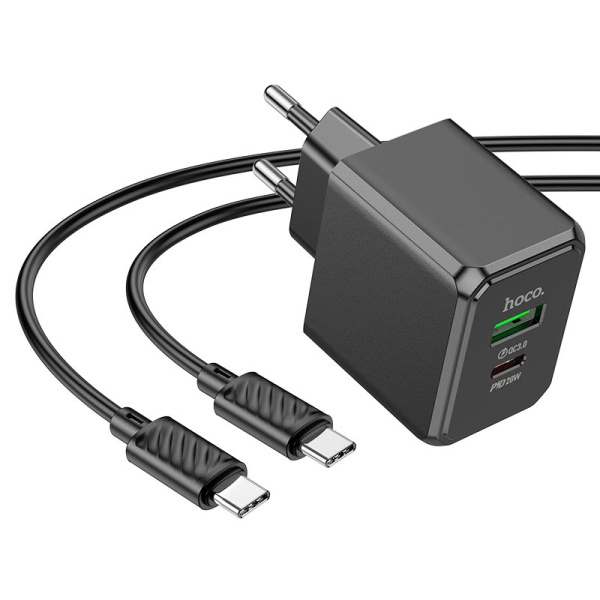 Incarcator Retea + Cablu USB-C, Hoco CS14A, 20W, 1xUSB-C, 1xUSB-A, PD, QC 3.0, negru