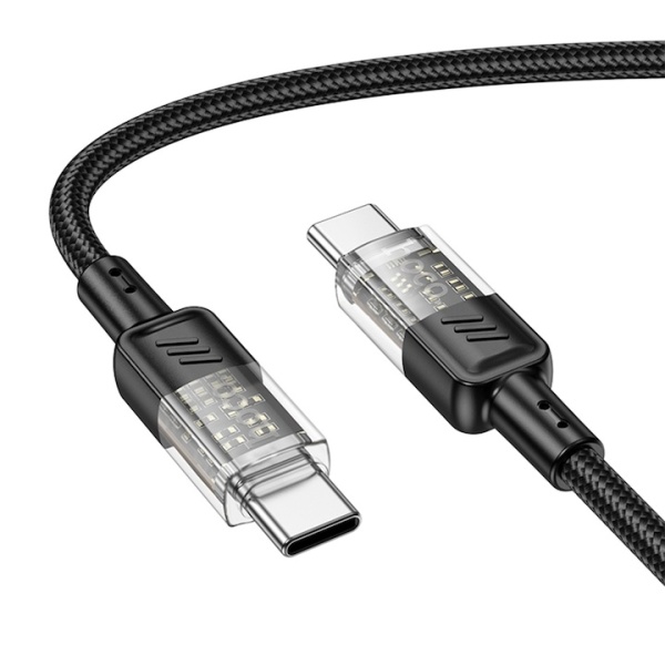 Cablu Type-C la Type-C, Hoco U129, PD60W, QC3.0, 3A, Crystal, 1.2m, negru
