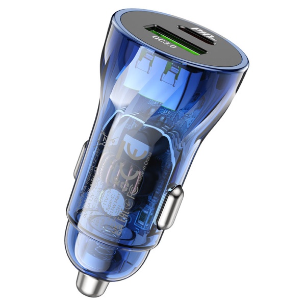 Incarcator Auto Hoco Z47A, 30W, 1xUSB-C, 1xUSB-A, PD, QC 3.0, albastru