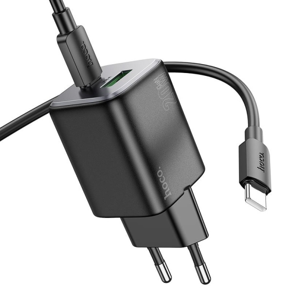 Incarcator Retea + Cablu USB-C Hoco N41, 20W, 1xUSB-C, 1xUSB-A, PD, QC 3.0, negru