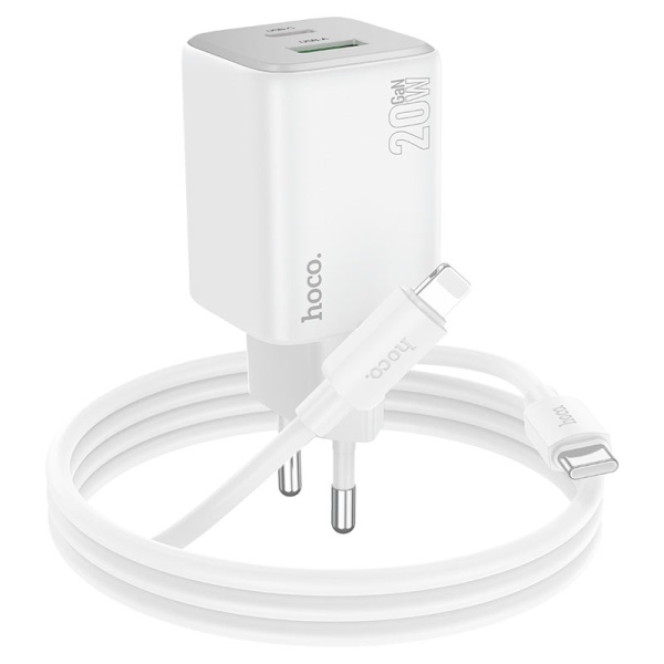 Incarcator Retea + Cablu USB-C Hoco N41, 20W, 1xUSB-C, 1xUSB-A, PD, QC 3.0, alb