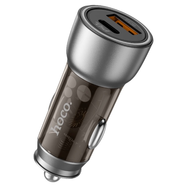 Incarcator Auto + Cablu Lightning, Hoco NZ8, 45W, 1xUSB-C, 1xUSB-A, PD, QC 3.0, Clear, maro