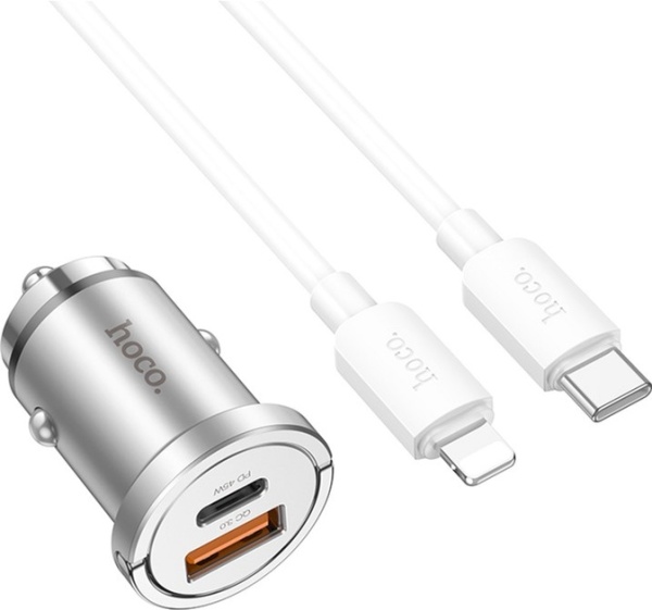 Incarcator Auto + Cablu USB-C, Hoco NZ10, 1m, 45W, 1xUSB-C, 1xUSB-A, PD, QC 3.0, argintiu