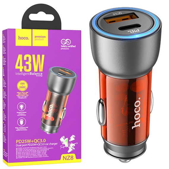 Incarcator Auto Hoco NZ8, 25W, 1xUSB-C, 1xUSB-A, PD, QC 3.0, orange