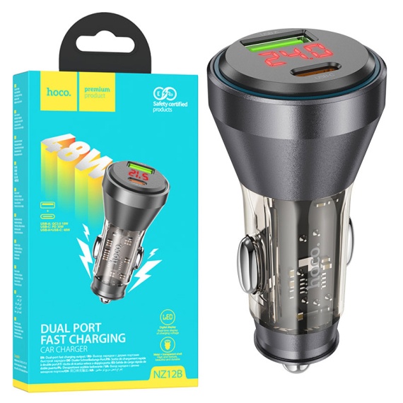 Incarcator Auto, Hoco NZ12B, 30W, 1xUSB-C, 1xUSB-A, PD, QC 3.0, Power LED, negru-transparent
