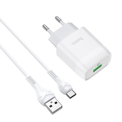 Incarcator Retea + Cablu Lightning, Hoco C73A, 18W, 2.4A, 2xUSB-A, QC 3.0, alb