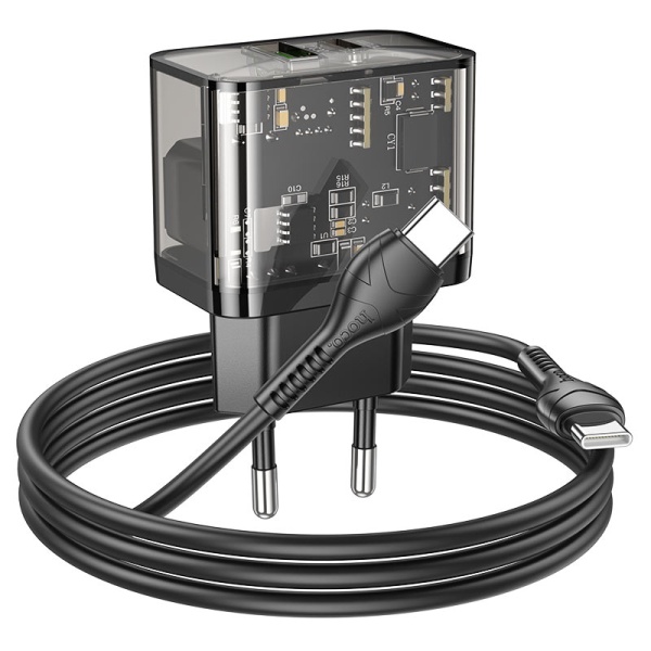 Incarcator Retea + Cablu Lightning, Hoco N34, 20W, 1xUSB-C, 1xUSB-A, PD, QC 3.0, transparent-negru