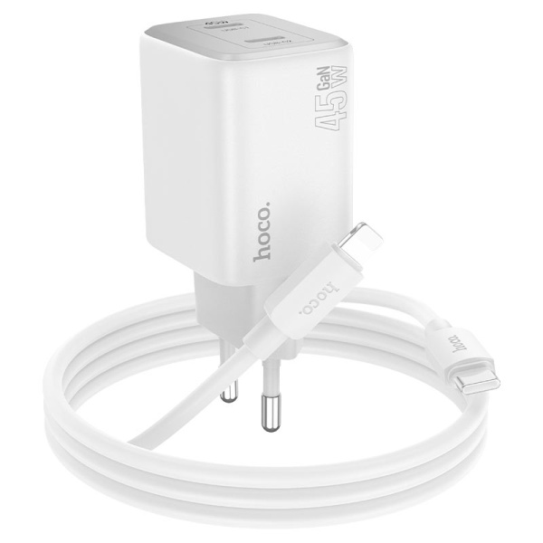 Incarcator Retea + Cablu Lightning, Hoco N42, 45W, 2xUSB-A, alb