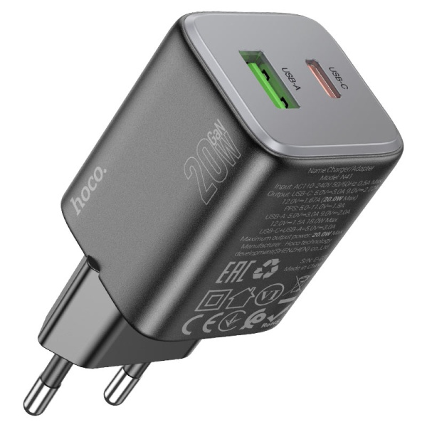 Incarcator Retea Hoco N41, 20W, 1xUSB-C, 1xUSB-A, PD, QC 3.0, negru