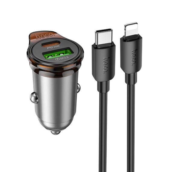 Incarcator Auto + Cablu Lightning, Hoco NZ16A, 1m, PD43W, 1xUSB-C, 1xUSB-A, gri