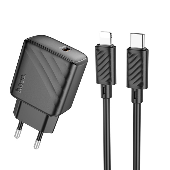 Incarcator Retea + Cablu Lightning, Hoco CS22A, 1m, PD30W, 1xUSB-C, QC/FCP/AFC, negru