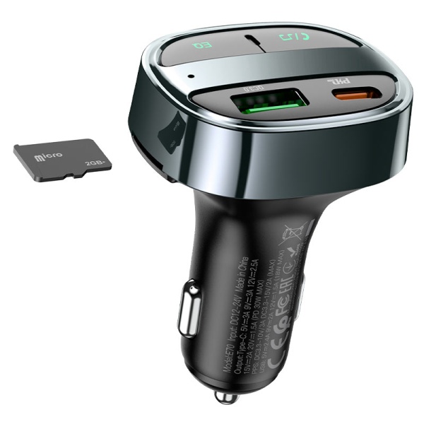 Modulator FM | Bluetooth, Hoco E70, 30W, 1xUSB-C, 1xUSB-A, PD, QC 3.0, negru