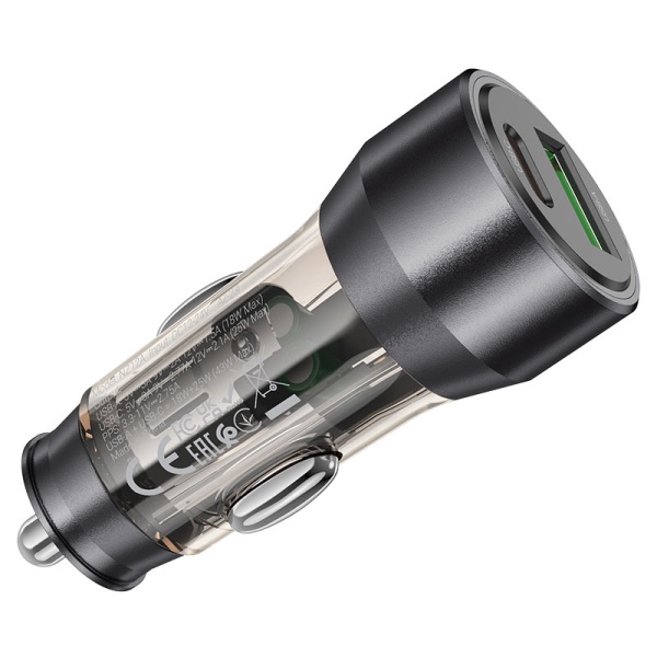 Incarcator Auto, Hoco NZ12A,25W, 1xUSB-C, 1xUSB-A, PD, QC 3.0, transparent-negru
