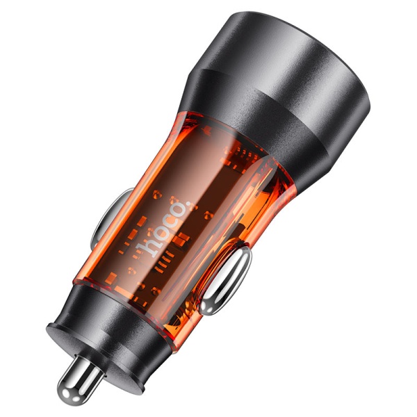 Incarcator Auto, Hoco NZ12A,25W, 1xUSB-C, 1xUSB-A, PD, QC 3.0, transparent-orange