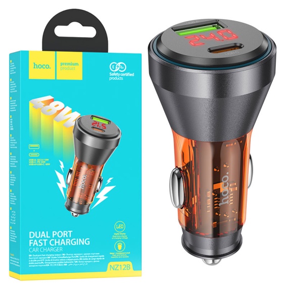 Incarcator Auto, Hoco NZ12B, 30W, 1xUSB-C, 1xUSB-A, PD, QC 3.0, Power LED, negru-orange