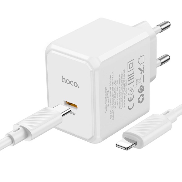 Incarcator Retea + Cablu USB-C, Hoco CS13A, 20W, 1xUSB-C, PD, alb