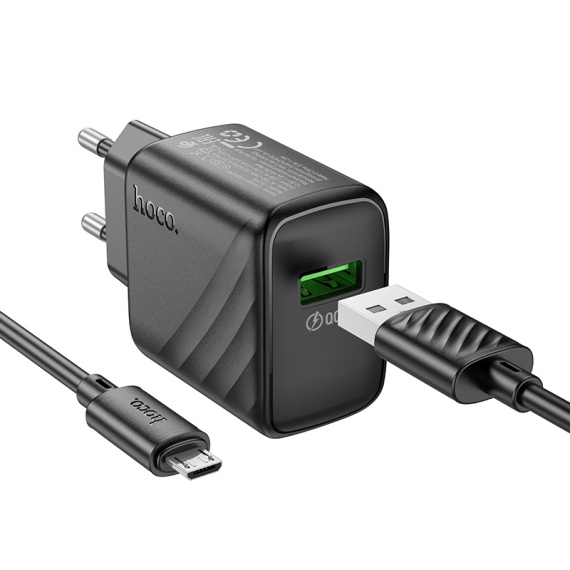Incarcator Retea + Cablu MicroUSB Hoco CS21A, 1m, 18W, 1xUSB-A, QC 3.0, QC/FCP/AFC, negru