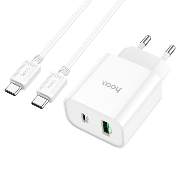 Incarcator Retea + Cablu USB-C, Hoco C80A Plus, 20W, 5V, 3.1A, 1xUSB-C, 1xUSB-A, alb