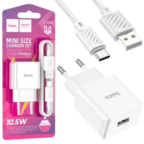 Incarcator retea Hoco C106A, 10.5W, USB-A 2.1A, cablu USB-C, alb