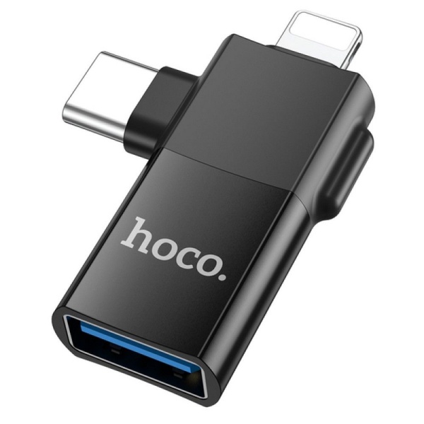 Adaptor USB-A la USB-C/Lightning, 2 in 1, OTG Hoco UA17, incarcare si transfer, negru