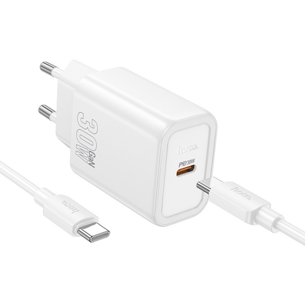 Incarcator Retea + Cablu USB-C Hoco N62, 1m, PD30W, 1xUSB-C, 1xUSB-A, alb