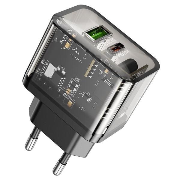 Incarcator Retea, Hoco N34, 20W, 1xUSB-C, 1xUSB-A, PD, QC 3.0, transparent-negru
