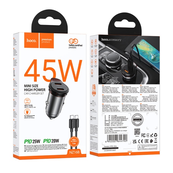 Incarcator auto Hoco NZ16B, PD45W, 2xUSB-C, cablu USB-C 1m, gri
