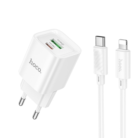 Incarcator Retea + Cablu Lightning, Hoco C147A, 1m, PD20W, 1xUSB-C, 1xUSB-A, alb