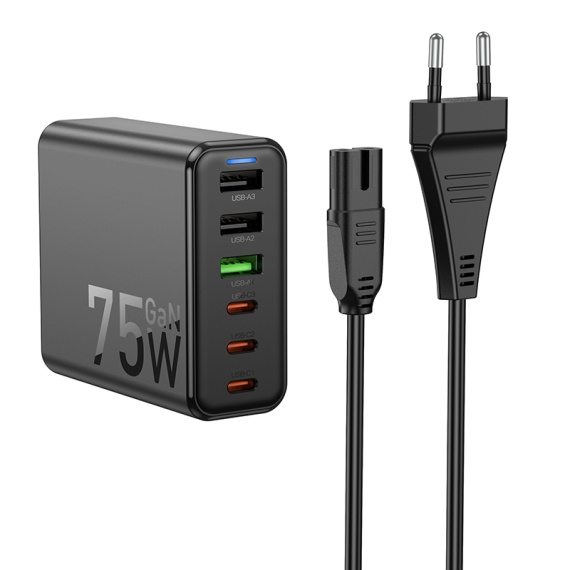 Statie incarcare Hoco C133A, PD75W, 3xUSB-C, 3xUSB-A, MultiHub USB, Cablu retea, negru
