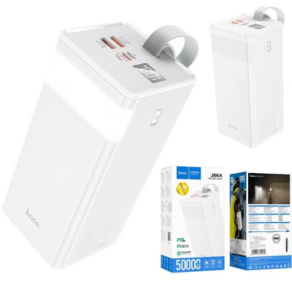 Baterie externa Hoco J86A, 50000mAh, 22.5W, USB-C PD, QC 3.0, LED, alb
