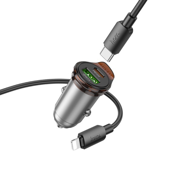 Incarcator Auto + Cablu USB-C, Hoco NZ16A, 1m, PD43W, 1xUSB-C, 1xUSB-A, gri
