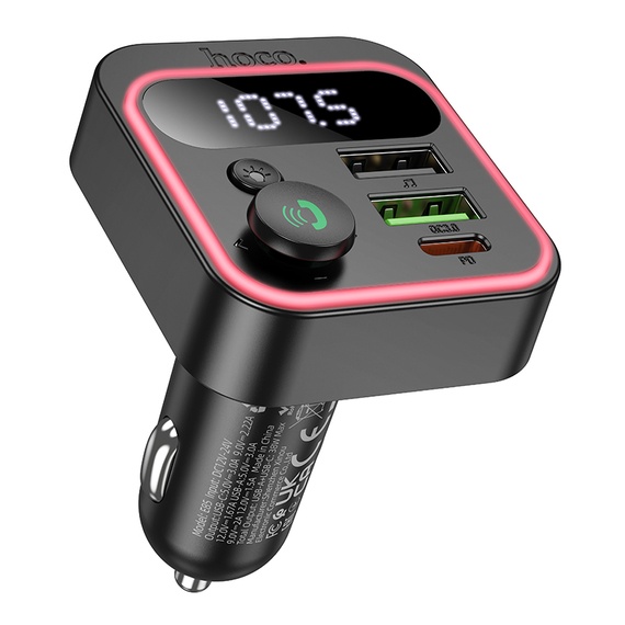 Modulator FM/Incarcator Auto, Hoco E85, PD38W, 1xUSB-C, 2xUSB-A, LED Ambinet, negru