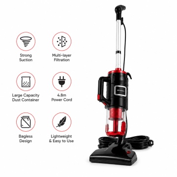 Aspirator vertical cu fir multifunctional 3 in 1 Hoffmans HM-8803 Putere 1800W, Filtrare multipla, Cablu 4.8m, Negru/Rosu - Img 4