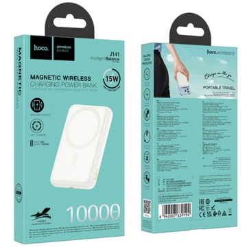 Baterie externa Hoco J141, 10000mAh, wireless MagSafe, magnetica, PD 20W, USB-C, Alb - Img 2