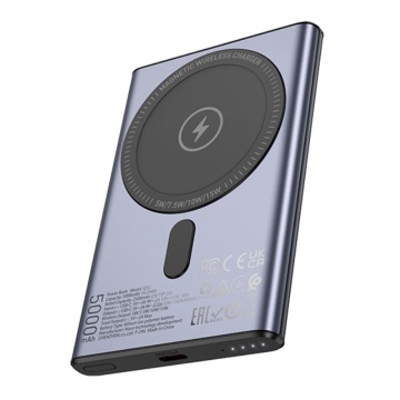 Baterie externa Hoco Q32, 5000mAh, wireless magnetica, PD 20W, USB-C, metal gray - Img 3