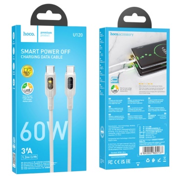 Cablu Type-C la Type-C, Hoco U120, PD60W, QC3.0, 3A, LED Power, 1.2m, gri - Img 4