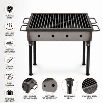 Gratar gradina profesional Pexor S 30 X 40 CM metal gros 3 MM, pentru carbune si lemne, sita inox, picioare 40 cm, gri - Img 4