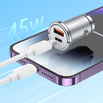 Incarcator Auto + Cablu Lightning, Hoco NZ10, 1m, 45W, 1xUSB-C, 1xUSB-A, PD, argintiu - Img 4