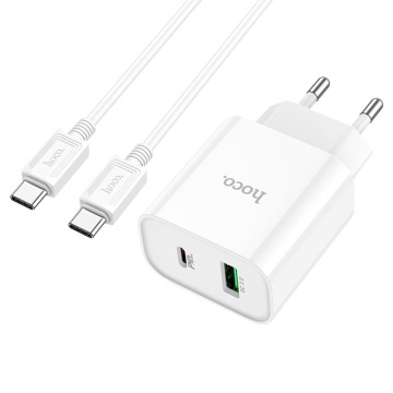 Incarcator Retea + Cablu Lightning, Hoco C80A Plus, 20W, 5V, 3.1A, 1xUSB-C, 1xUSB-A, PD, QC 3.0, alb - Img 1
