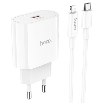 Incarcator Retea + Cablu Lightning Hoco C94A, 1m, PD20W, 1xUSB-C, PPS/QC3.0/FCP/AFC, alb - Img 1