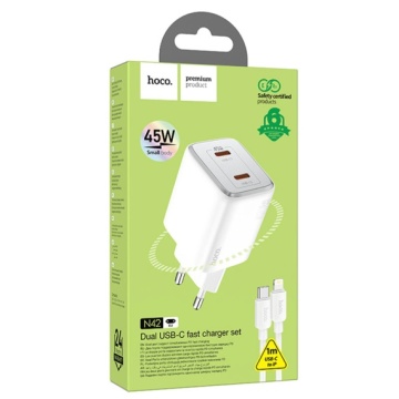 Incarcator Retea + Cablu USB-C, Hoco N42, 45W, 2xUSB-A, alb - Img 4