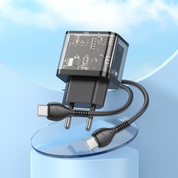 Incarcator Retea, Hoco N34, 20W, 1xUSB-C, 1xUSB-A, PD, QC 3.0, transparent-negru - Img 4