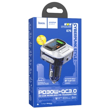 Modulator FM | BT, Hoco E75, 30W, 1xUSB-C, 1xUSB-A, PD, QC 3.0, albastru - Img 5