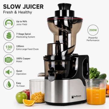 Storcator cu presare la rece Hoffmans HM-636, Slow Juicer, 200W, tub alimentare 130 mm, motor 100% cupru, extractie suc pana la 96%, negru/inox - Img 4