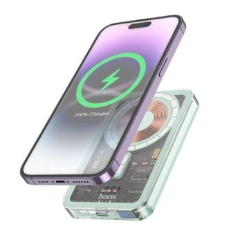 Baterie externa Hoco Q14, 5000mAh, wireless, USB-C PD 20W, magnet, display LED, Albastru - Img 1