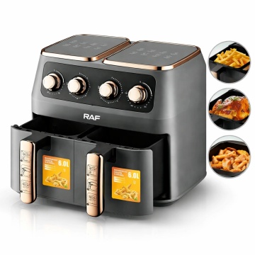Friteuza cu Aer Dubla Raf R5236, 2800W, Capacitatea 12L cu Cosuri Independente pentru Gatire Rapida, Negru