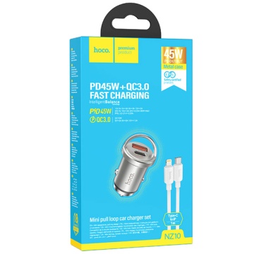 Incarcator Auto + Cablu Lightning, Hoco NZ10, 1m, 45W, 1xUSB-C, 1xUSB-A, PD, argintiu - Img 5