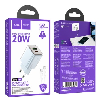 Incarcator Retea + Cablu USB-C, Hoco N46, 1m, PD20W, 1xUSB-C, 1xUSB-A, albastru - Img 3